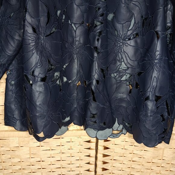 Chico's Faux Leather Laser Cut Floral Blazer Navy XL 16 - Picture 9 of 13